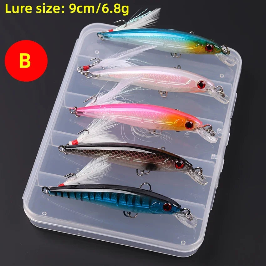 Sada bionických woblerů Minnow s 3D očima a peřím (5 ks v boxu)