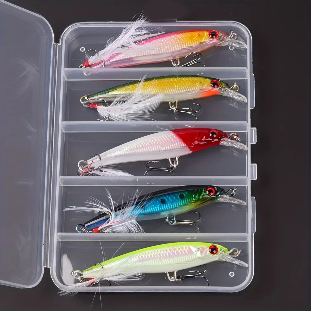 Sada bionických woblerů Minnow s 3D očima a peřím (5 ks v boxu)