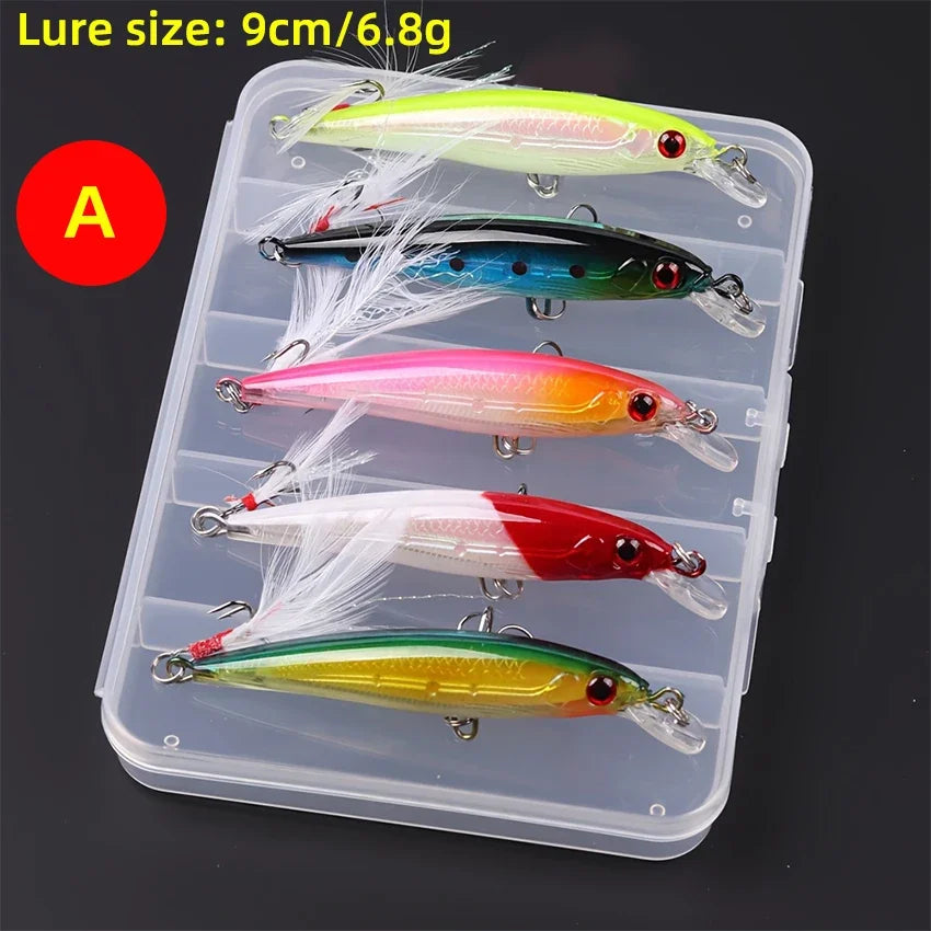 Sada bionických woblerů Minnow s 3D očima a peřím (5 ks v boxu)