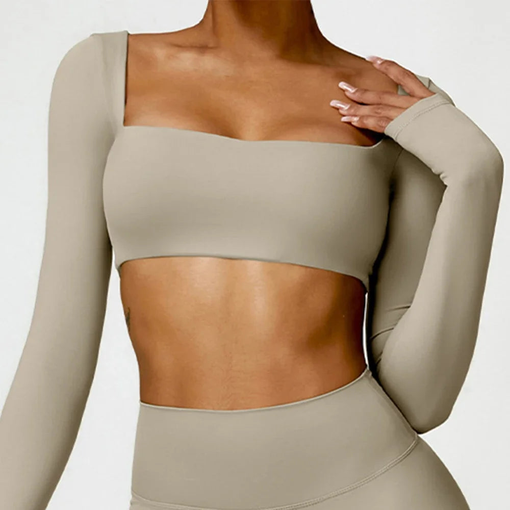 Dámský sexy Crop Top s dlouhým rukávem a čtvercovým výstřihem