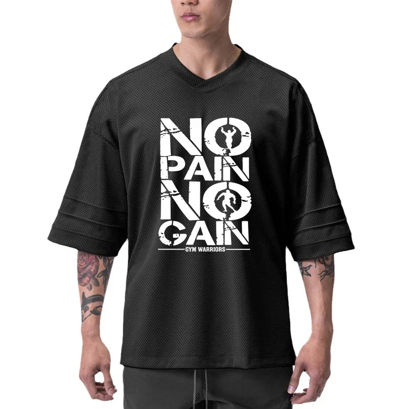 Pánské oversized volné ležérní tričko s krátkým rukávem – fitness triko s výstřihem do V pro kulturistiku a trénink, letní prodyšná síťovina (mesh), rychleschnoucí sportovní svršek.