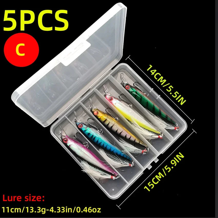 Sada bionických woblerů Minnow s 3D očima a peřím (5 ks v boxu)