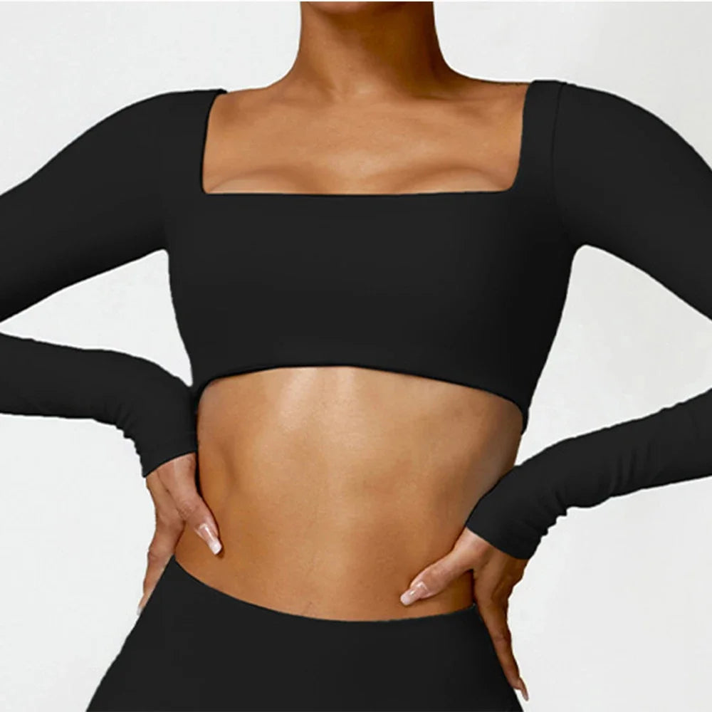 Dámský sexy Crop Top s dlouhým rukávem a čtvercovým výstřihem