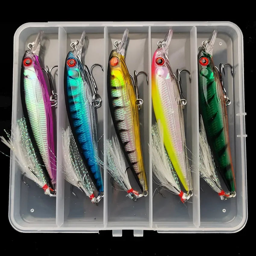 Sada bionických woblerů Minnow s 3D očima a peřím (5 ks v boxu)