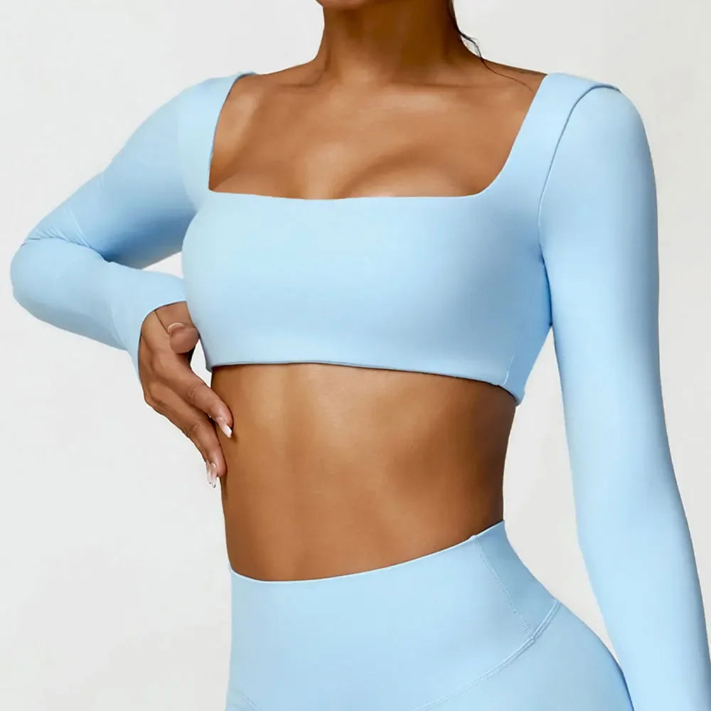 Dámský sexy Crop Top s dlouhým rukávem a čtvercovým výstřihem