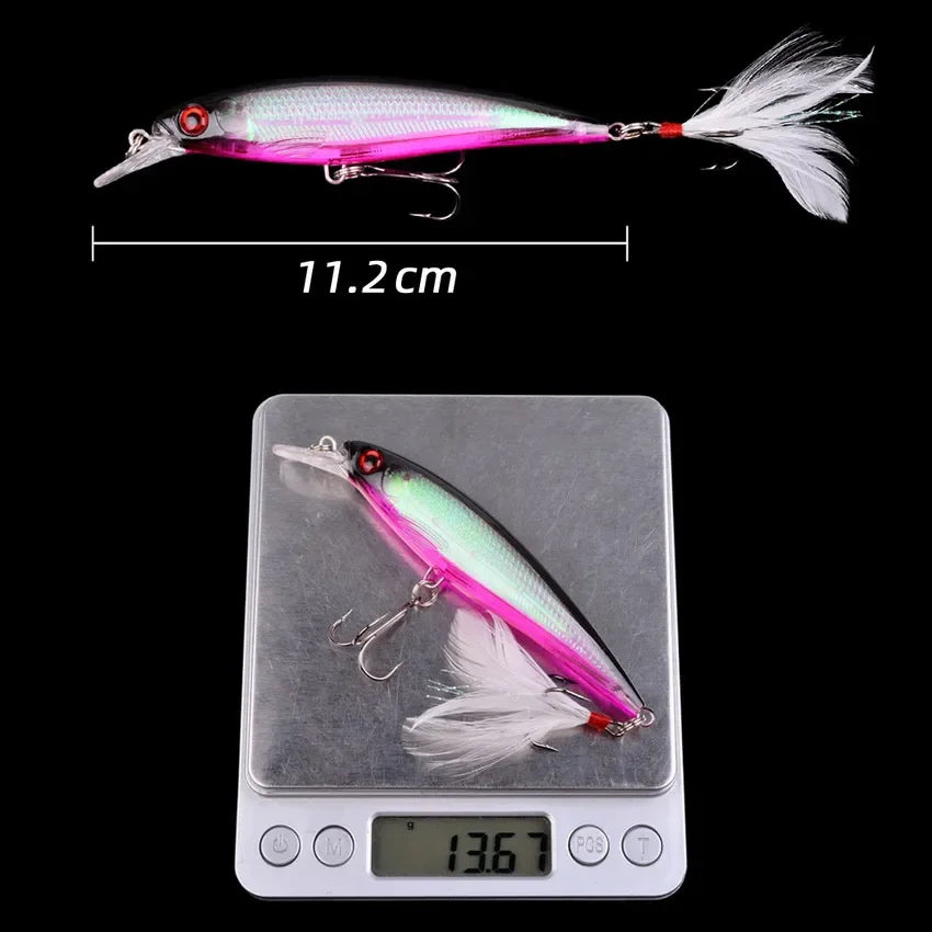 Sada bionických woblerů Minnow s 3D očima a peřím (5 ks v boxu)